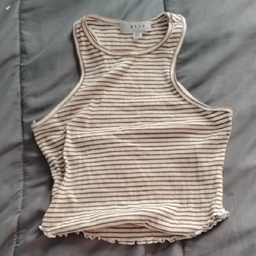 Gaze White and Tan Ribbed Crop Tank Top